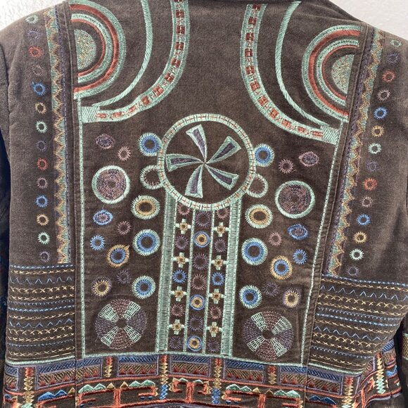 Pamela McCoy Coat Women's Brown Sz M Embroidered Studded Boho Ecletic Mid Length - Picture 11 of 16